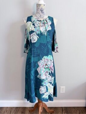 Anthropologie Maeve Floral Cold Shoulder Dress Women’s Size 8 Teal Midi Boho